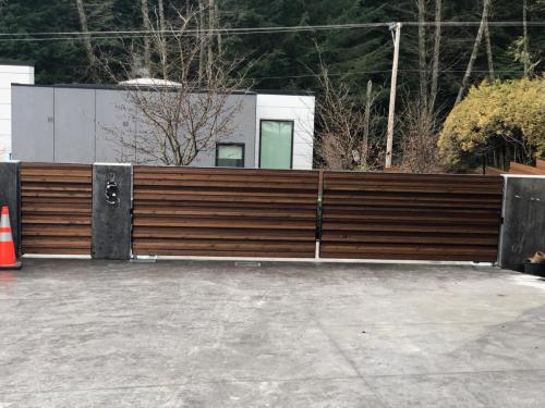 TG676 Aluminum frame with wood infill double swing gate in Vancouver