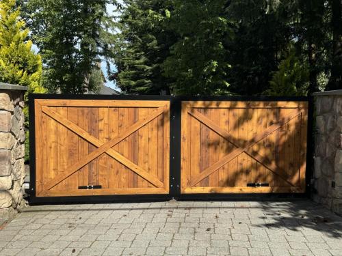 TG744 double swing gate with wood infill in White Rock